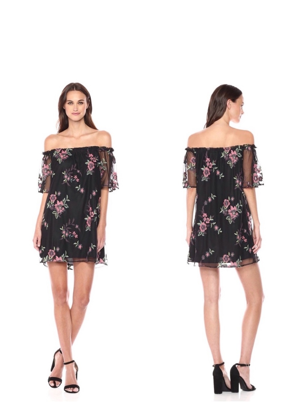BB Dakota Black Off-Shoulder Mini Dress with Pink Floral Embroidery